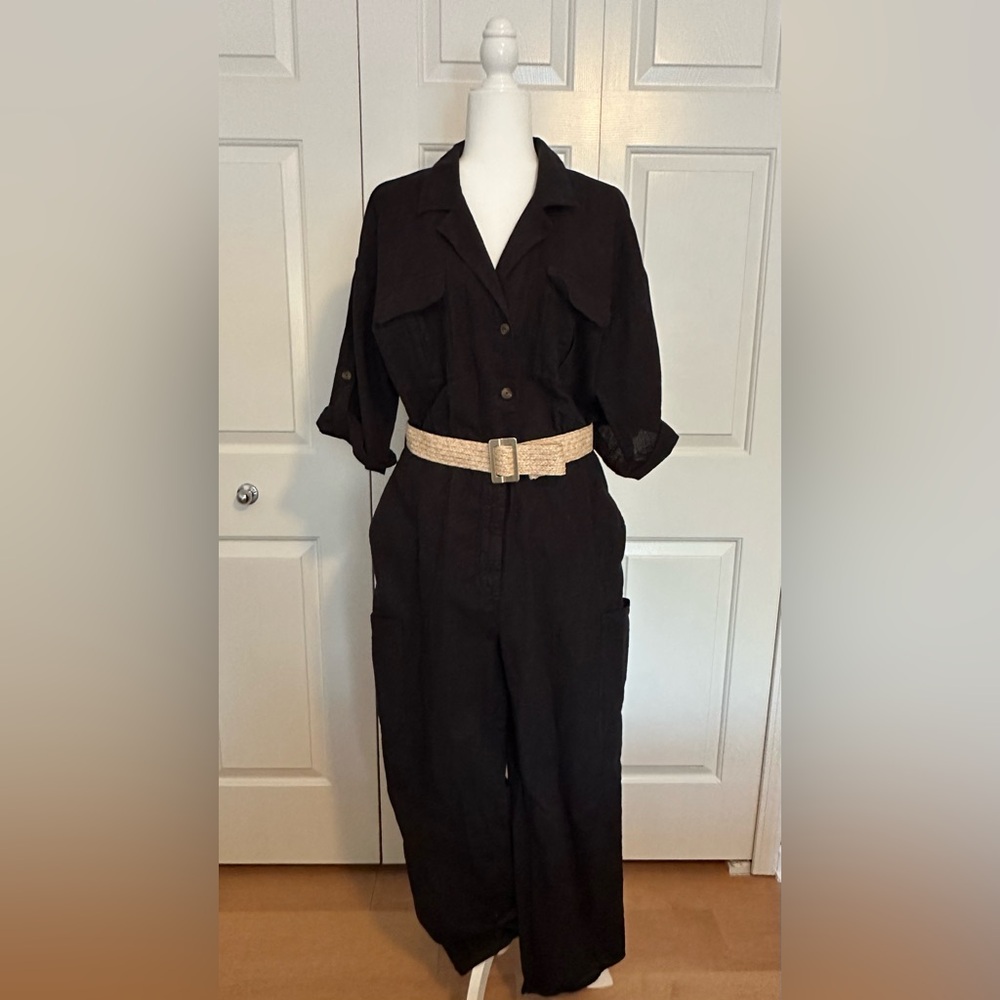 Zara Black Linen Jumpsuit with Beige Braided Belt